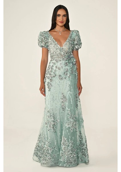 Kadın Balon Kollu 3 Boyut Çiçekli Kuşaklı Abiye Elbise modelleri