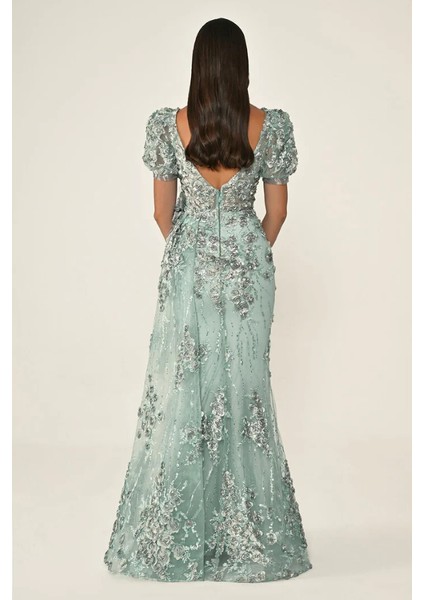 Kadın Balon Kollu 3 Boyut Çiçekli Kuşaklı Abiye Elbise fırsatları