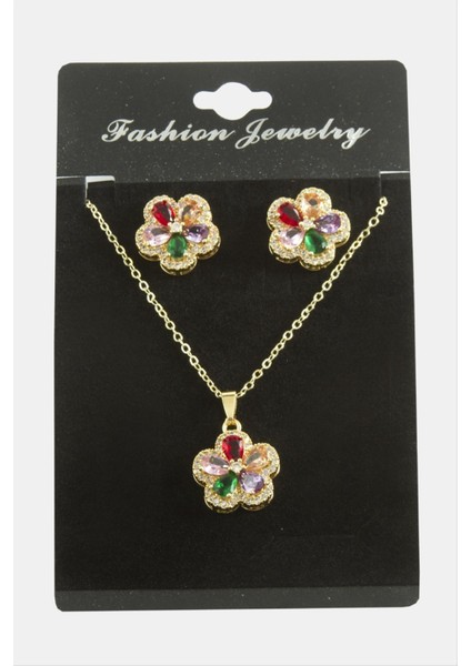 Nrzsnt Çiçek Zirkon Taşlı Set Kolye-Renkli fiyatları