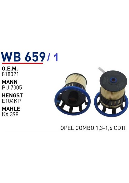 WB659/1 Οem 818021 Fiat Doblo Fiat 500 L Otomobil Yakıt Filtre Dizel Fuel Filter Diesel