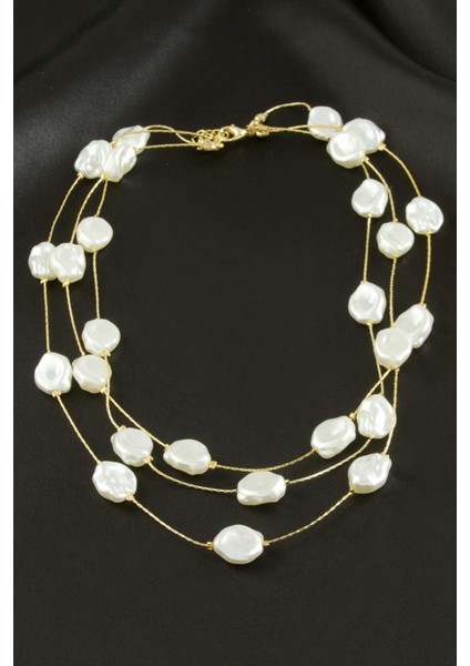 Nrzsnt Oval Inci Üçlü Kolye-Sarı fiyatları