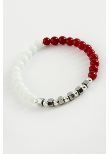 Nrzsnt Kırmızı Beyaz Doğaltaş Bileklik 6 Mm-Beyaz