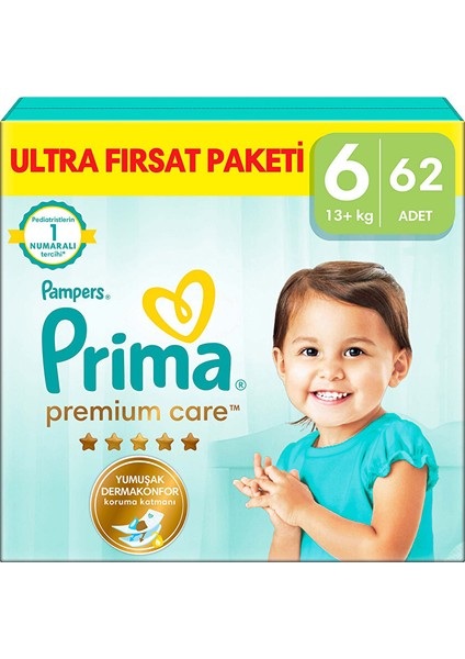 Bebek Bezi Premium Care 6 Beden Extra Large Ultra Fırsat Paketi 13+ kg 62 Adet
