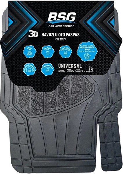 Universal 3D Havuzlu Siyah 5 Parça Tüm Araçlara Uyumlu Paspas