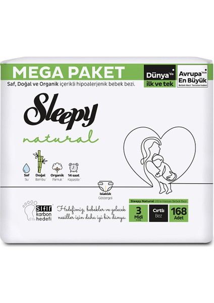 Natural Mega Fırsat Paketi Midi 3 Beden Bebek Bezi 168 Adet 1 Adet