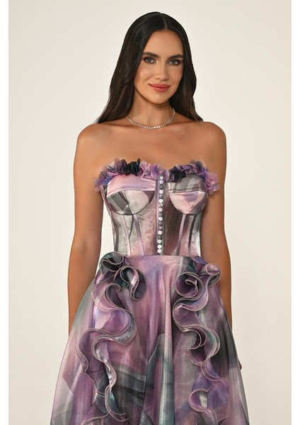 Kadın Korse Straplez Çift Yırtmaçlı Organze Abiye Elbise