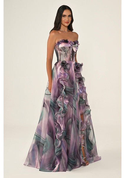 Kadın Korse Straplez Çift Yırtmaçlı Organze Abiye Elbise modelleri