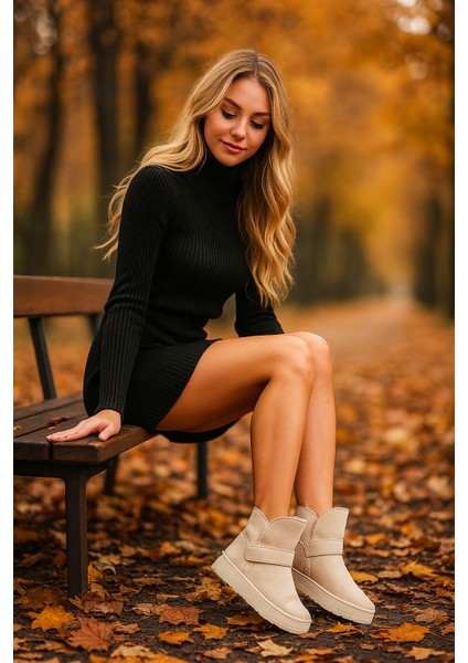 Uggg Model Yüksek Taban Içi Tüylü Süet Kışlık Kadın Botu Cırt Bantlı fiyatları