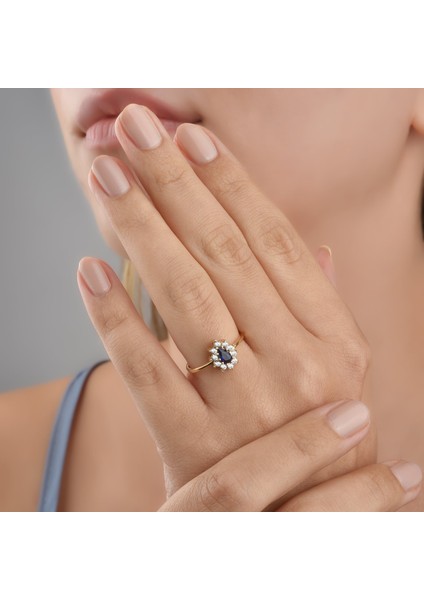 14 Ayar Mikron Altın Kaplama Safir Taşlı Damla Halo Yüzük – Vintage Stil - RS00116
