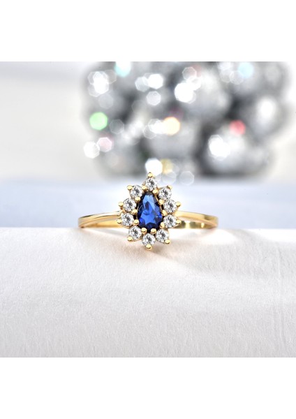 14 Ayar Mikron Altın Kaplama Safir Taşlı Damla Halo Yüzük – Vintage Stil - RS00116 fiyatları