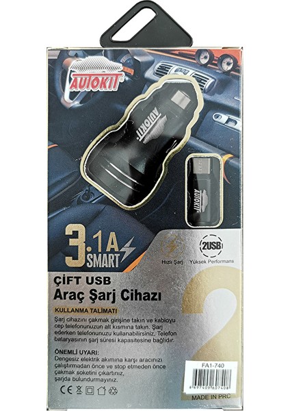Metal Araç Şarjı 3.1 Amper 2 USB Giriş Typec