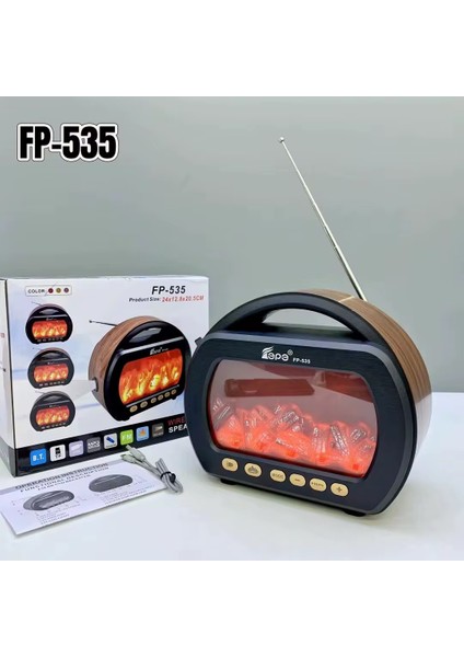 FP-535 El Fenerli Büyük Boy Nostaljik Radyo Fm Ahşap Şömine Görünümlü Bluetooth Hoparlör