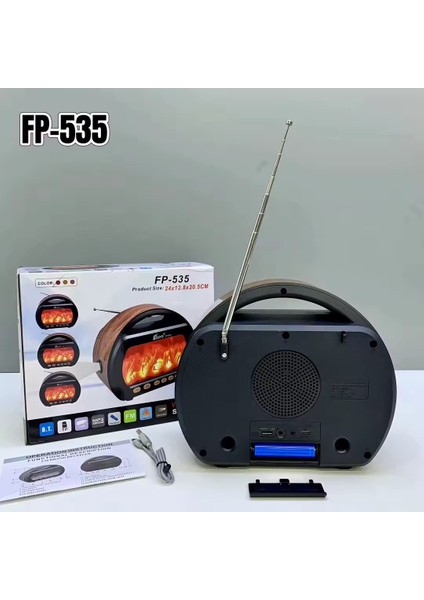 FP-535 El Fenerli Büyük Boy Nostaljik Radyo Fm Ahşap Şömine Görünümlü Bluetooth Hoparlör