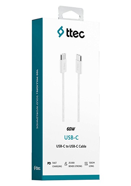 2DK54B Usb-C - Usb-C 100CM 60W Pd Örgü Hızlı Şarj/data Kablosu Beyaz