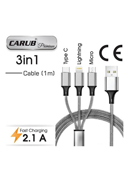 Şarj Kablo USB 3lü Iphone,samsung,huwaei 1m