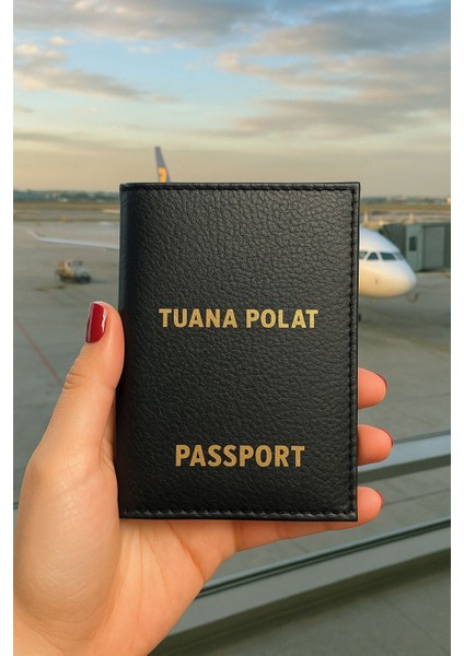 Isme Özel Deri Pasaport Kılıfı Pasaport Taşıma Cüzdanı - Siyah