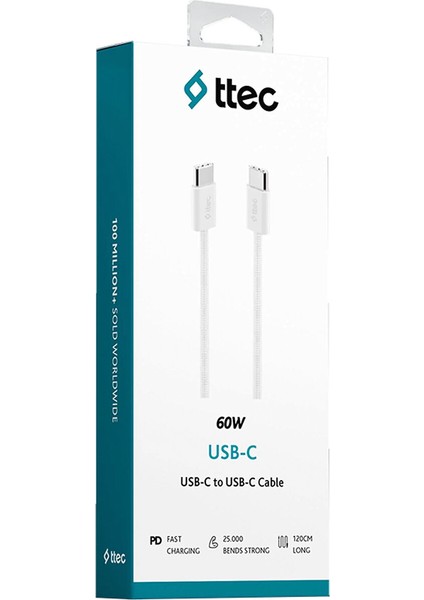 2DK54B Usb-C - Usb-C 100CM 60W Pd Örgü Hızlı Şarj/data Kablosu Beyaz fiyatları