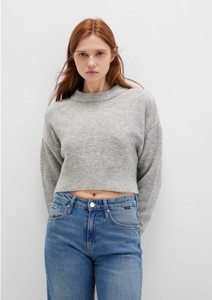 Yün Karışımlı Bisiklet Yaka Crop Gri Kazak 1710496-83096