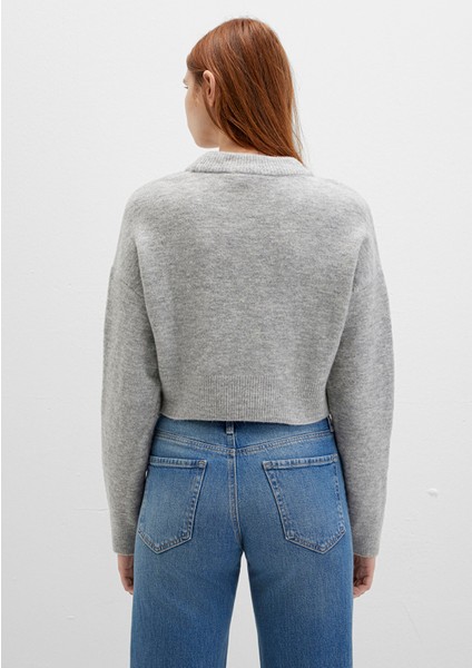 Yün Karışımlı Bisiklet Yaka Crop Gri Kazak 1710496-83096