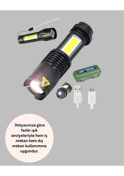 Nrzsnt 4 Modlu USB Şarjlı LED El Feneri Kamp ve Outdoor modelleri