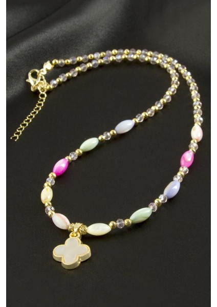 Nrzsnt Çiçek Sedef Cam Boncuk Kristal Kolye-Sarı fiyatları