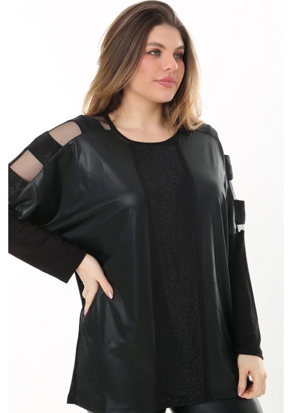 Yuvarlak Yaka Kolu ve Omuzları Tül Detaylı Uzun Kollu Önü Deri Görünümlü Taş Işlemeli Tasarım Büyük Beden Bluz