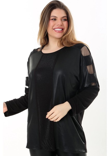 Yuvarlak Yaka Kolu ve Omuzları Tül Detaylı Uzun Kollu Önü Deri Görünümlü Taş Işlemeli Tasarım Büyük Beden Bluz fiyatları