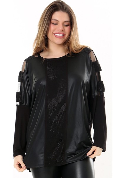 Yuvarlak Yaka Kolu ve Omuzları Tül Detaylı Uzun Kollu Önü Deri Görünümlü Taş Işlemeli Tasarım Büyük Beden Bluz modelleri