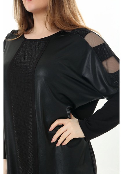 Yuvarlak Yaka Kolu ve Omuzları Tül Detaylı Uzun Kollu Önü Deri Görünümlü Taş Işlemeli Tasarım Büyük Beden Bluz fırsatları