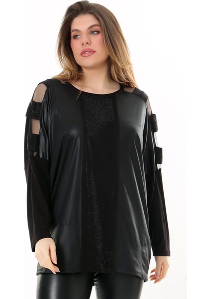 Yuvarlak Yaka Kolu ve Omuzları Tül Detaylı Uzun Kollu Önü Deri Görünümlü Taş Işlemeli Tasarım Büyük Beden Bluz indirimleri
