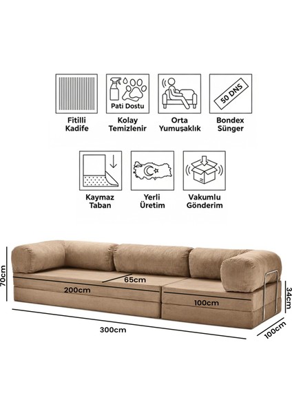 100X300 Kanepe - Fitilli Kadife Yıkanır Silinir Pratik Yer Yatağı 100X300