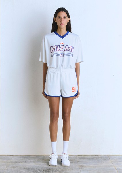 91 Baskılı Biye Detaylı Ekru Şort 1410186-70057