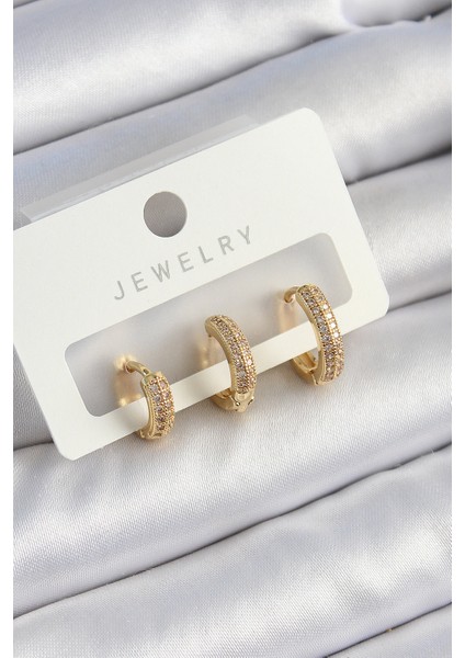 Pirinç Zirkon Taşlı Yıldız Model Gold Renk 3'lü Çift Kadın Küpe Set fiyatları