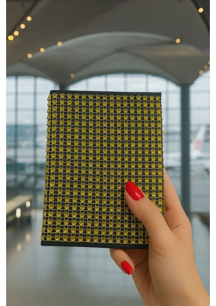 Taş Kaplı Deri Pasaport Kılıfı Pasaport Model Kartlıklı Taşıma Cüzdanı Kılıfı Beyaz Gold Siyah