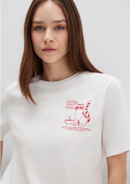 Kedi Baskılı Ekru Tişört 1613474-70057