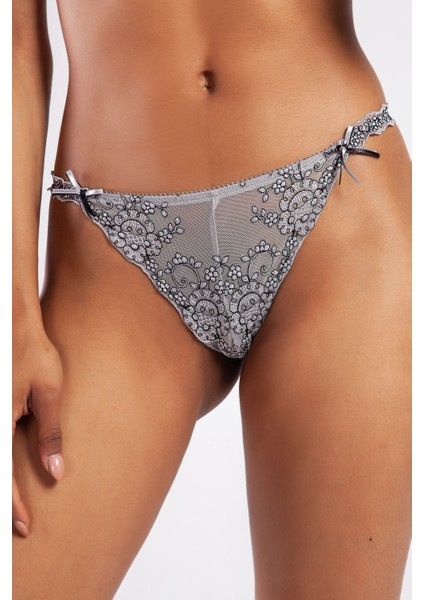 Giselle Mini String, Kadın Güpürlü Saten Gri String Külot