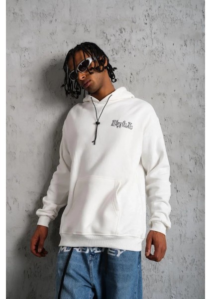 Erkek Oversize Üç Iplik Kapüşonlu Sweat – Kol ve Etek Ribana Detaylı, Ön ve Sırt Baskılı, Kanguru Cepli Rahat Kalıp Model - Beyaz fiyatları