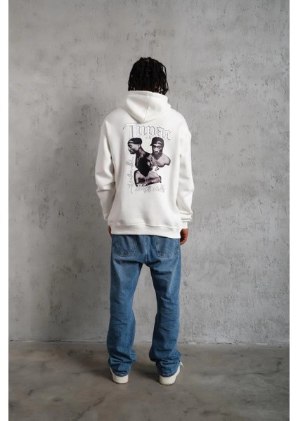 Erkek Oversize Üç Iplik Kapüşonlu Sweat – Kol ve Etek Ribana Detaylı, Ön ve Sırt Baskılı, Kanguru Cepli Rahat Kalıp Model - Beyaz fırsatları