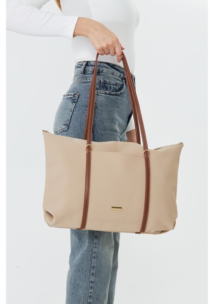 Isola Bej Büyük Boy Şeritli Kadın Omuz, Kol ve El Çantası