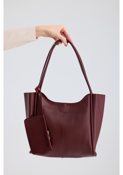 Velina Bordo Cüzdan Detaylı Büyük Boy Kadın El, Kol ve Omuz Çantası