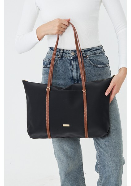 Isola Siyah Büyük Boy Şeritli Kadın Omuz, Kol ve El Çantası