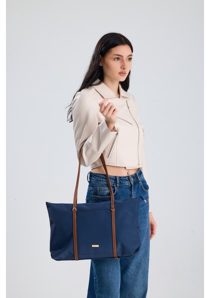 Isola Lacivert Büyük Boy Şeritli Kadın Omuz, Kol ve El Çantası