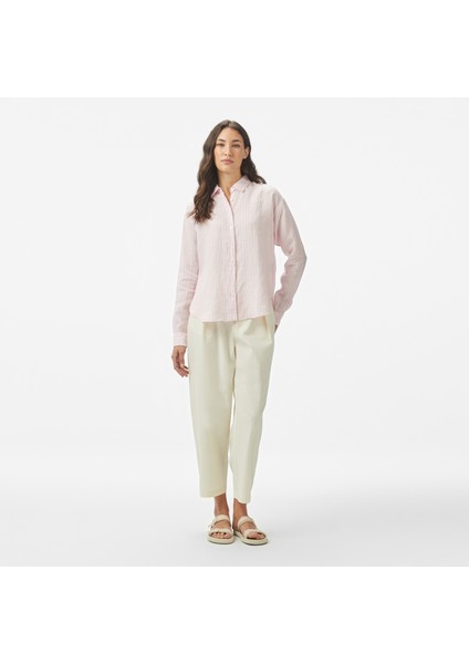 Kadın Pembe Regular Fit Keten Çizgili Gömlek 55W081T.64D modelleri