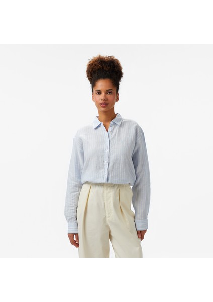 Kadın Mavi Regular Fit Keten Çizgili Gömlek 55W081T.45K