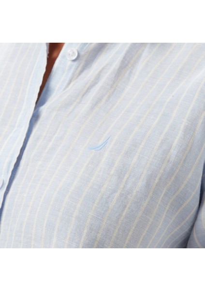 Kadın Mavi Regular Fit Keten Çizgili Gömlek 55W081T.45K indirimleri