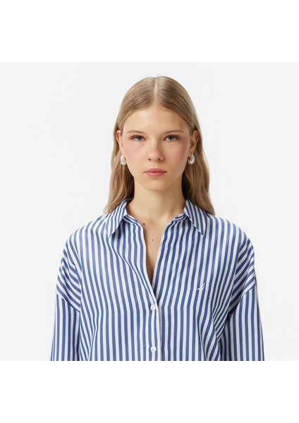 Kadın Mavi Oversize Çizgili Gömlek 57W212T.4VG fırsatları