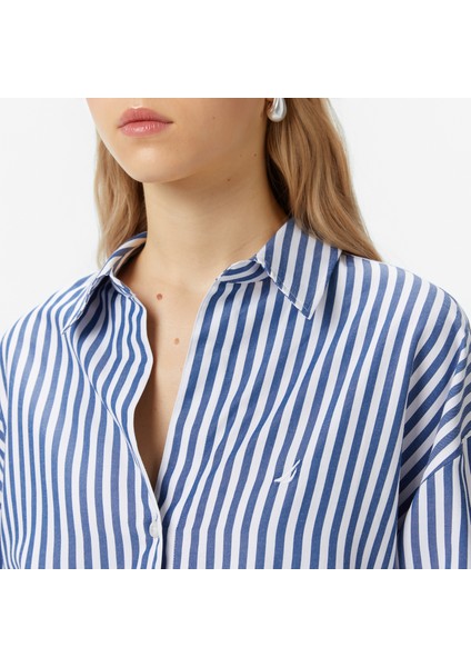 Kadın Mavi Oversize Çizgili Gömlek 57W212T.4VG indirimleri