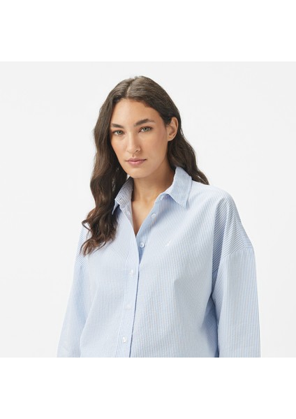 Kadın Mavi Regular Fit Çizgili Gömlek 55W057T.45K fırsatları
