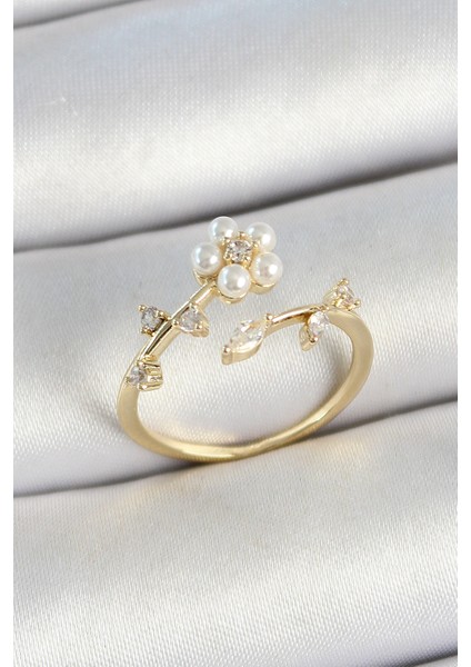 Pirinç İnci Detaylı Papatya Figürlü Zirkon Taşlı Gold Renk Ayarlanabilir Kadın Yüzük fiyatları