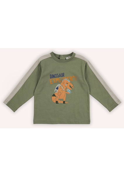 Erkek Bebek Baskılı Uzun Kollu Haki Tişört